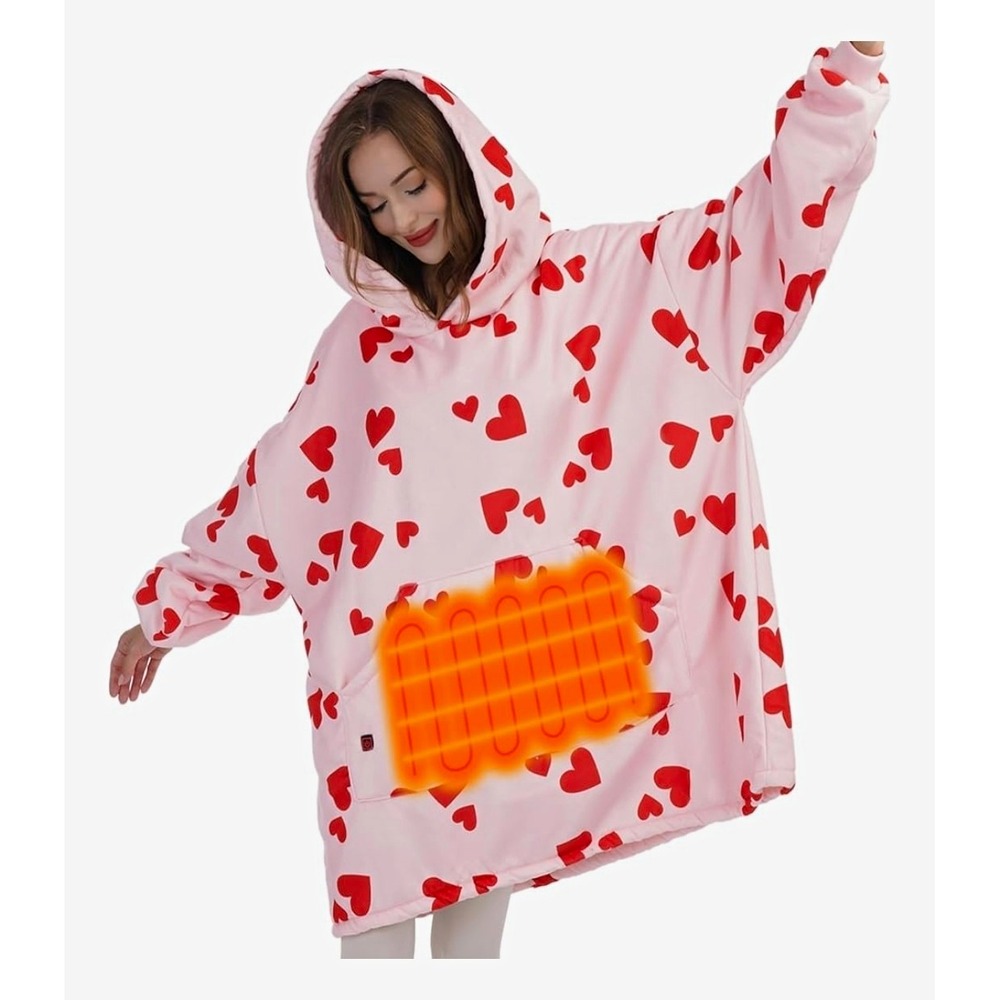 Womens Pink Red Heart Print Oversized Pullover Heated Hoodie One Size
